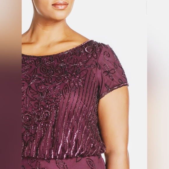 NWT, Adriana Papell, Cassis Colored, Simmering Beaded, Blouson Gown, Size 18W - Picture 6 of 14